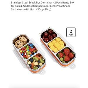 Stainless Steel Snack Box Container - 2 Pack Bento Box for Kids & Adults, 3 C...
